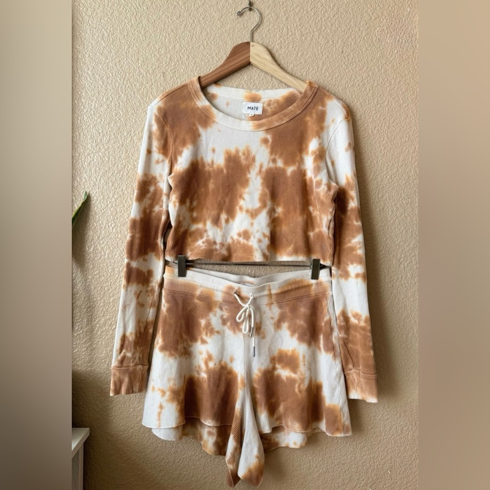 mate organic tie dye waffle top - long sleeve knit thermal cropped ginger S euc - Picture 3 of 3